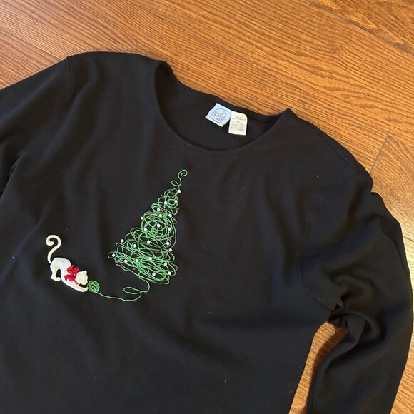 Cat Christmas Tree Beaded Embroidered Holiday Long Sleeve Tee Size 2XL XXL - Picture 6 of 10